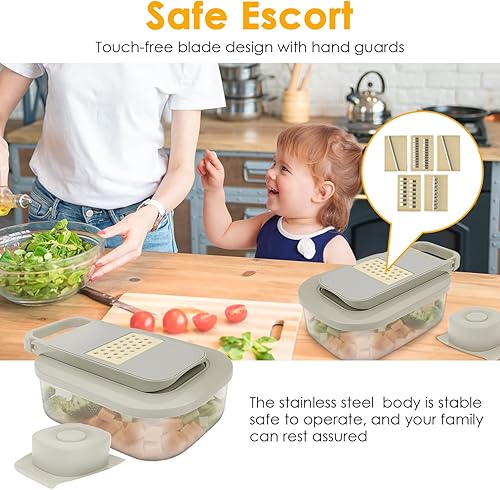 Miniatura 5 de Picador de verduras, cortador de alimentos con mandolina 9 en 1 para cocina, rallador de queso, picador de verduras con recipiente, 9 cuchillas,