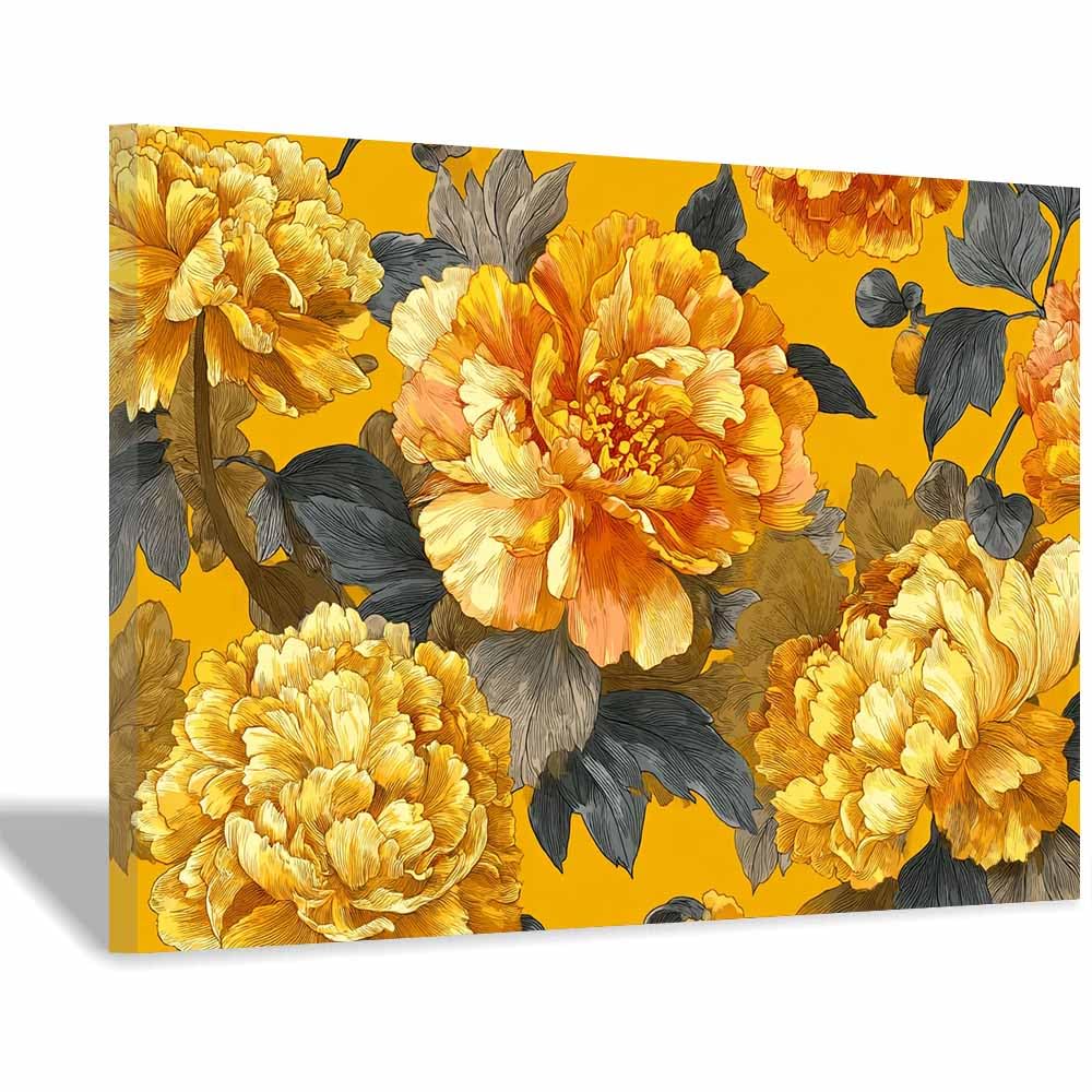 Xeniou Multicolor Flower Posters Yellow Peony Illustration Canvas Wall Art, For Bedroom Office Home Decorations(Multicolor)-70X100cm Framed