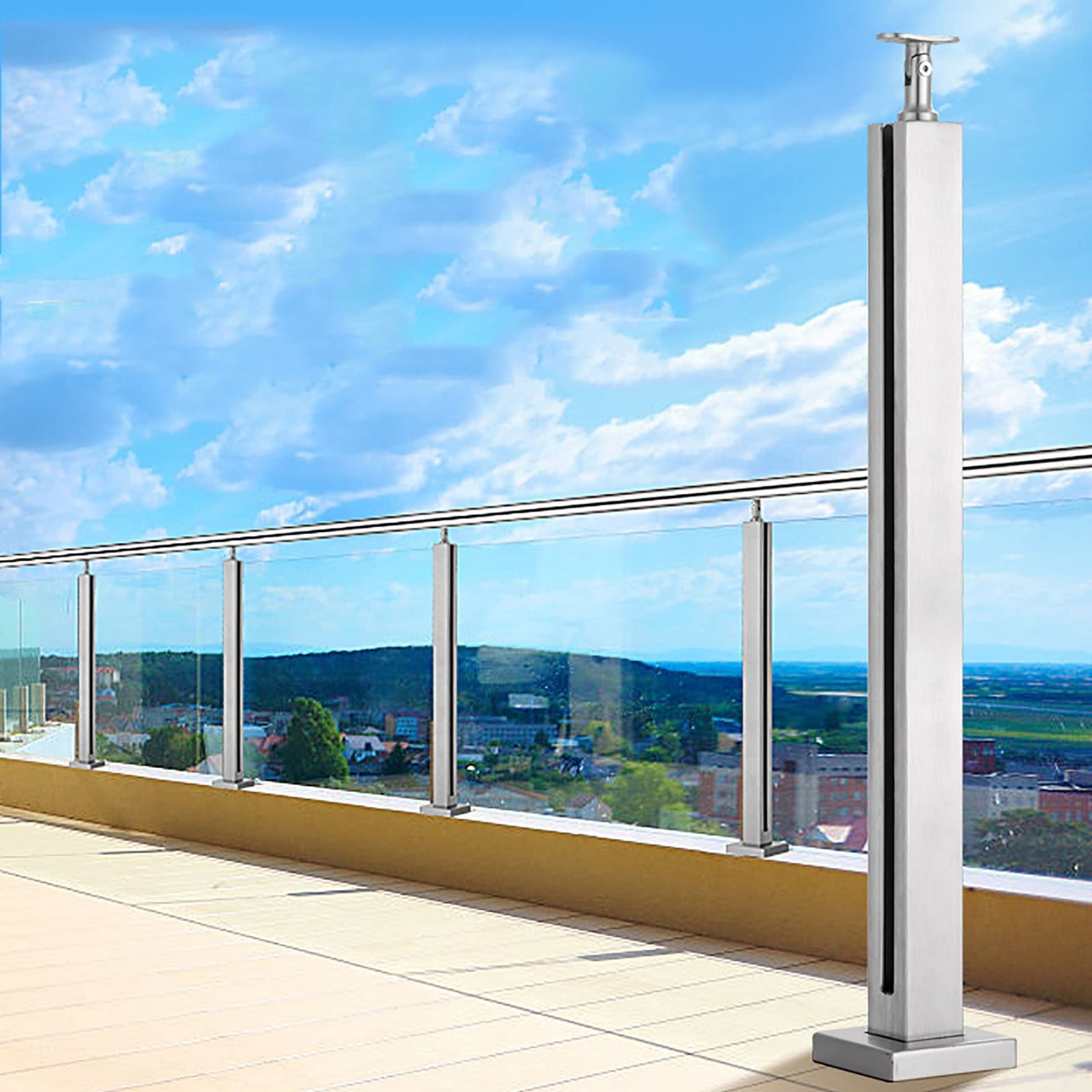 Poteau de garde-corps en verre inox brossé angle hauteur 115cm fixation sol
