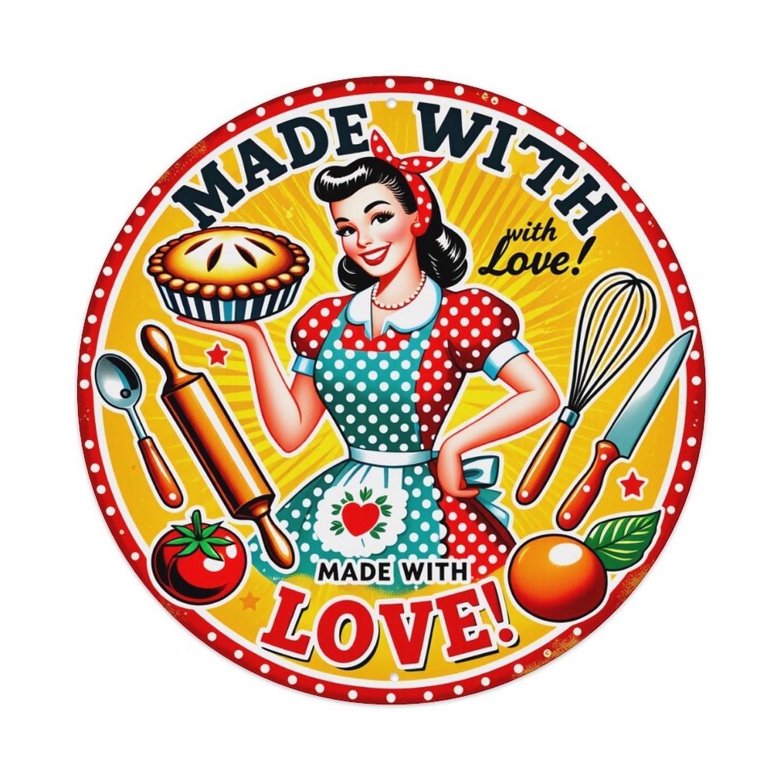 Retro Woman Holding Pie Kitchen Tools Surrounding Her Round Tin Sign Retro Metal Sign for Cafe Bar Pub Home Game Room Gym Club Wall Decoration Vintage Metal Poster 8x8 Inch