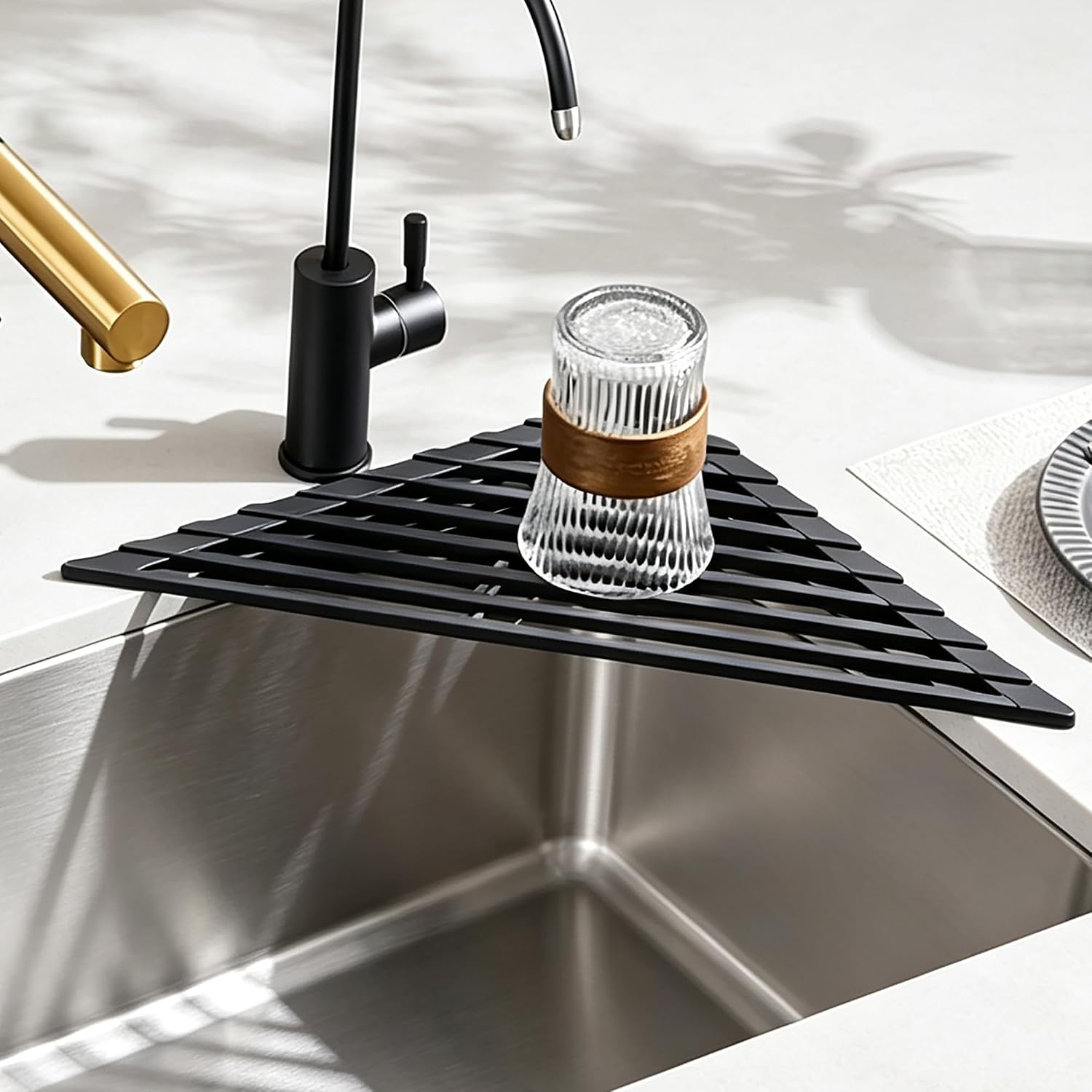 Triangle Roll-Up Dish Drying Rack for Sink Corners, Black