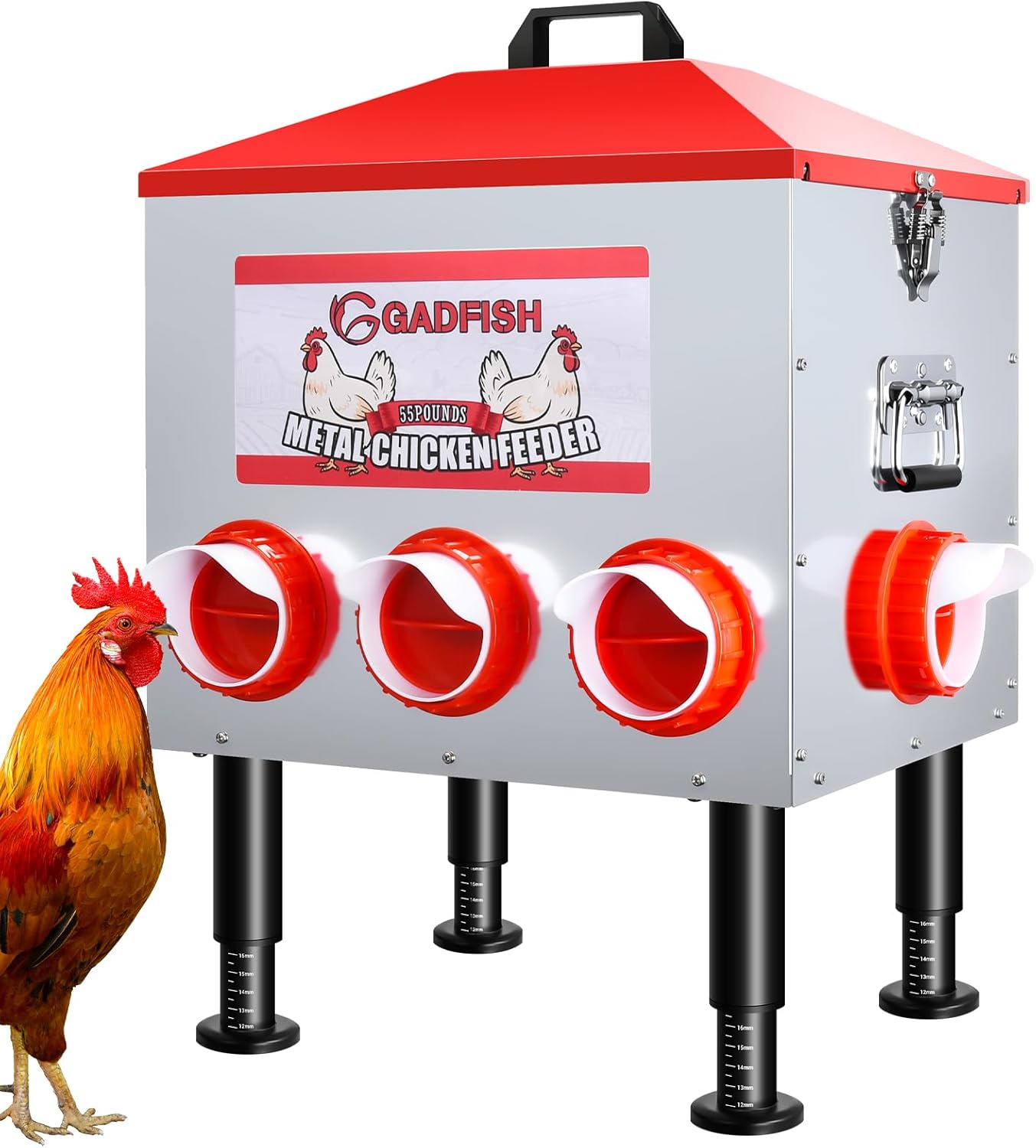 GADFISH 55LB Large Capacity Automatic Chicken Feeder – 8 Feeding Ports, Anti-Waste Design, Height-Adjustable Legs & Secure Locking Lid for Chickens, Ducks & Poultry