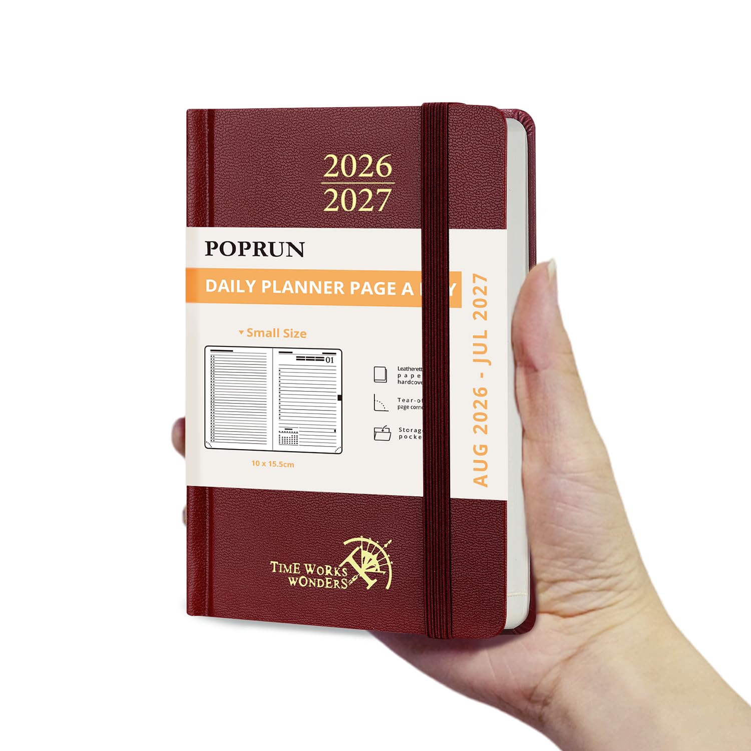 POPRUN Academic Pocket Diary 2026-2027 Day to Page A6 Hardback Mid Year Daily 26/27 Planner (Aug'26 - Jul'27) A Day per Page 1 Hour Interval Appointment Book(Burgundy)
