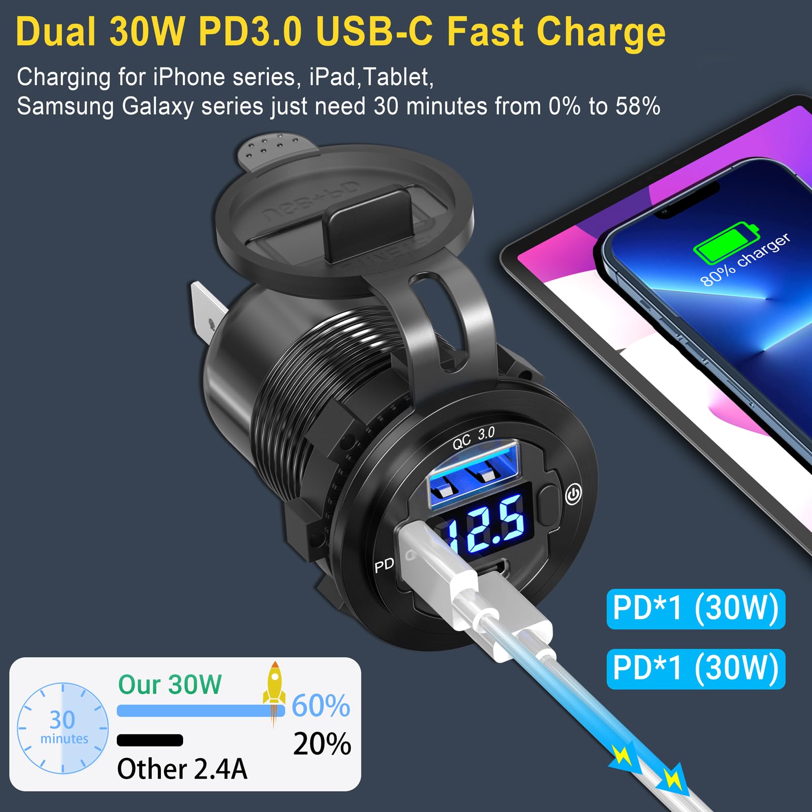 Gniazdo ładowarki samochodowej USB C 12 V gniazdo USB 2 sztuki: najnowszy aluminiowy metal 58 W podwójny PD3.0 20 W USB C i 18 W port QC3.0 gniazdo ładowarki Multi USB z przełącznikiem zasilania