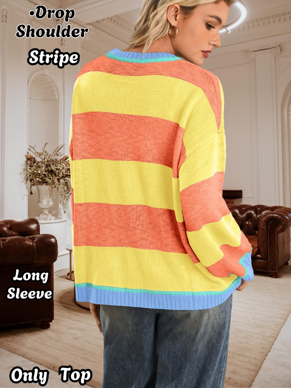 Striped Sweater Women,Color Block Oversized Sweaters,Cute Fall Knit Top Halloween Costume - Image 4