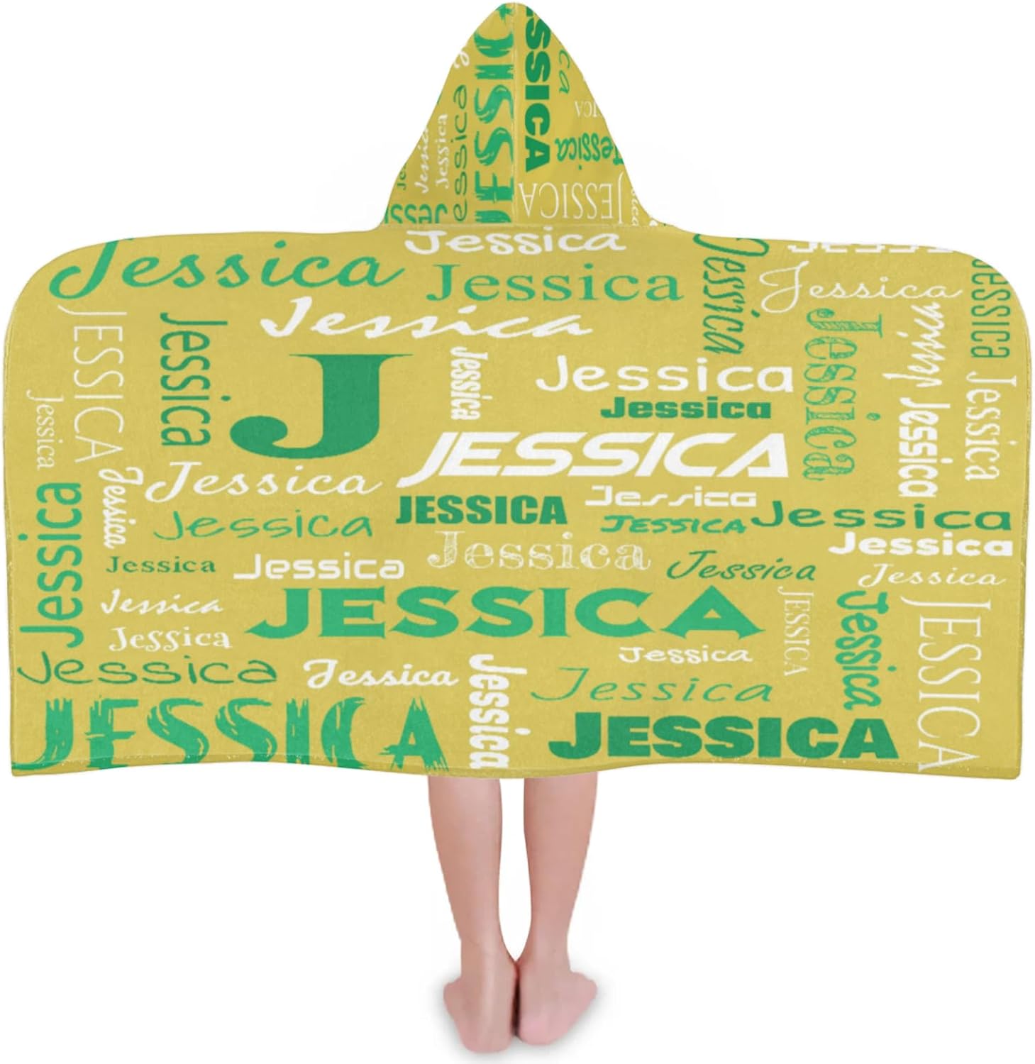 Custom Kids Hooded Beach Towel for Girls Boys, Personalized Toddlers Pool Towels Lightweight Children's Bath Towel, Soft Absorbent Yellow Green Swim Towel