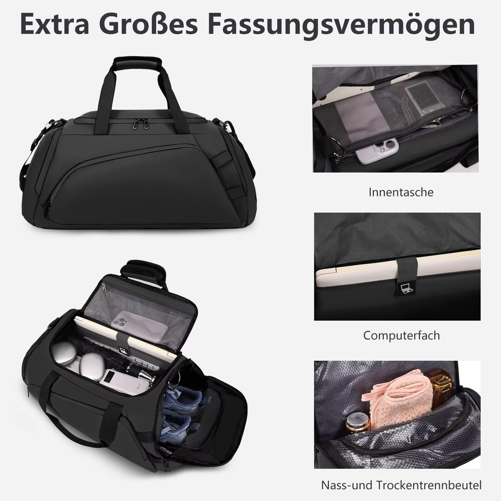 Borsone Palestra Uomo Grande 40L Zaino da Viaggio Borsa Palestra Donna Impermeabile Duffel Bag con Porta Scarpe e Tasca Umida Borsa da Viaggio da Viaggio per Sport Fitness Campeggio,Nero