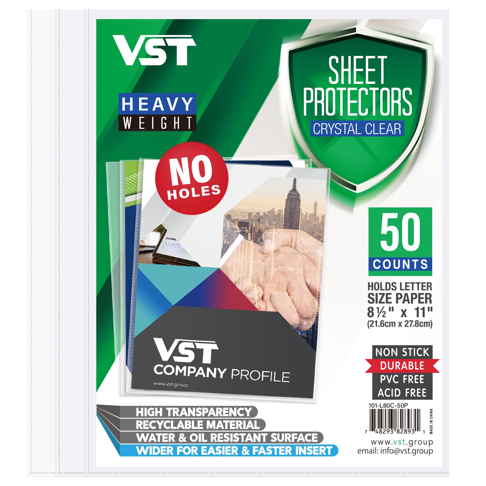 VST Clear Sheet Protectors No Holes 8.5 x 11 in Crystal Clear Page Protectors Heavy Duty Plastic Sleeves, Page Sleeves, Top Loading Paper Protector Acid Free, Letter Size, Dry Erase Pocket