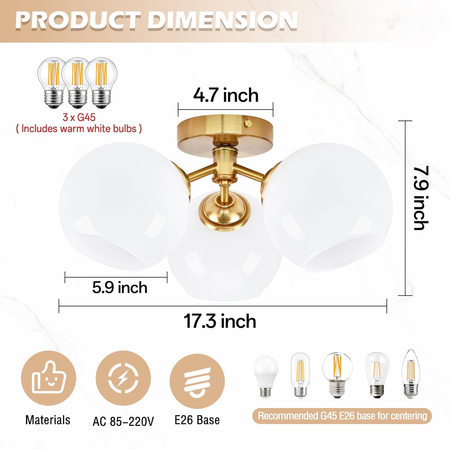 KoKo&Yukina 3-Light Mid Century Modern Gold Semi Flush Mount Ceiling Light Globe Sputnik Chandelier Fixture Milk Glass Globe Ceiling Lights for Bedroom Living Room Hallway Entryway Foyer