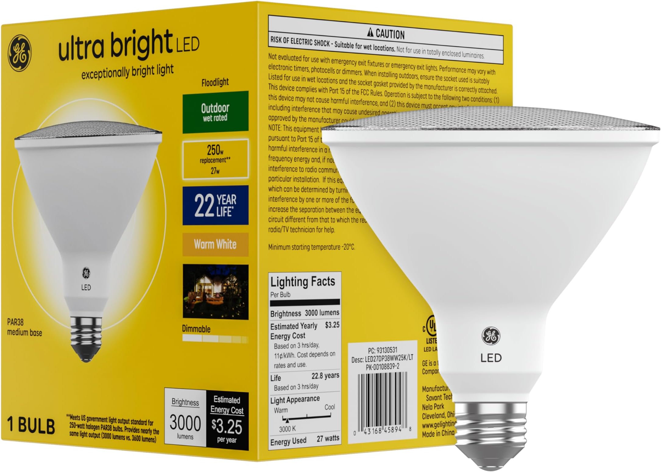 Ultra Bright LED Light Bulbs, Outdoor Floodlight Bulb, Wet Rated, Warm White (1 Pack), 32 watts