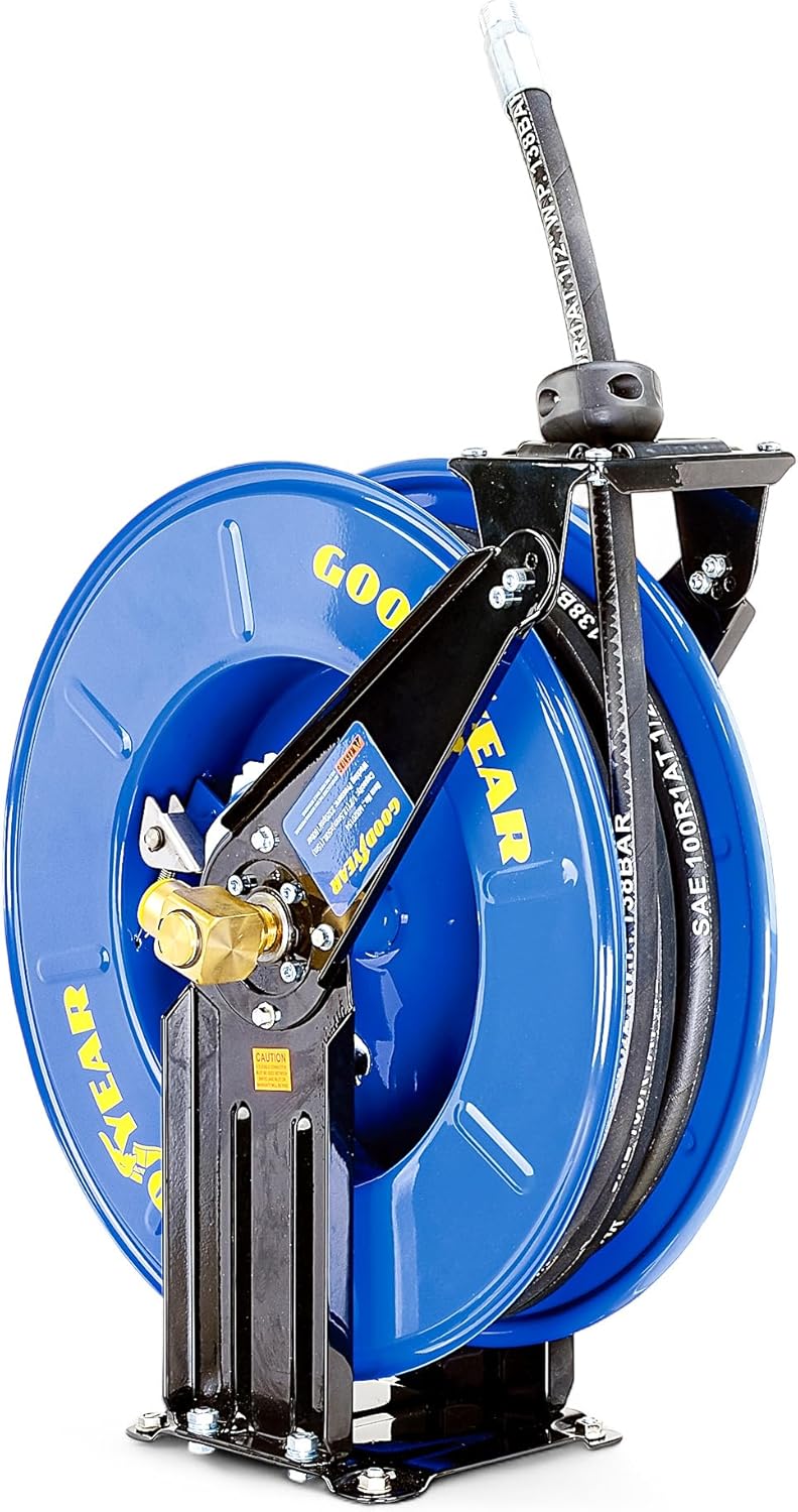 Goodyear Oil Hose Reel Retractable 1/2" Inch x 50' Foot Long Premium Commercial SAE 100R1AT Hose Max 2320 Psi Steel Construction Elite Heavy Duty Industrial Spring Driven Dual Arm and Pedestal