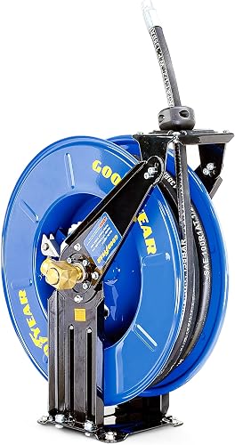 Goodyear Oil Hose Reel Retractable 1/2" Inch x 50' Foot Long Premium Commercial SAE 100R1AT Hose Max 2320 Psi Steel Construction Elite Heavy Duty Industrial Spring Driven Dual Arm and Pedestal
