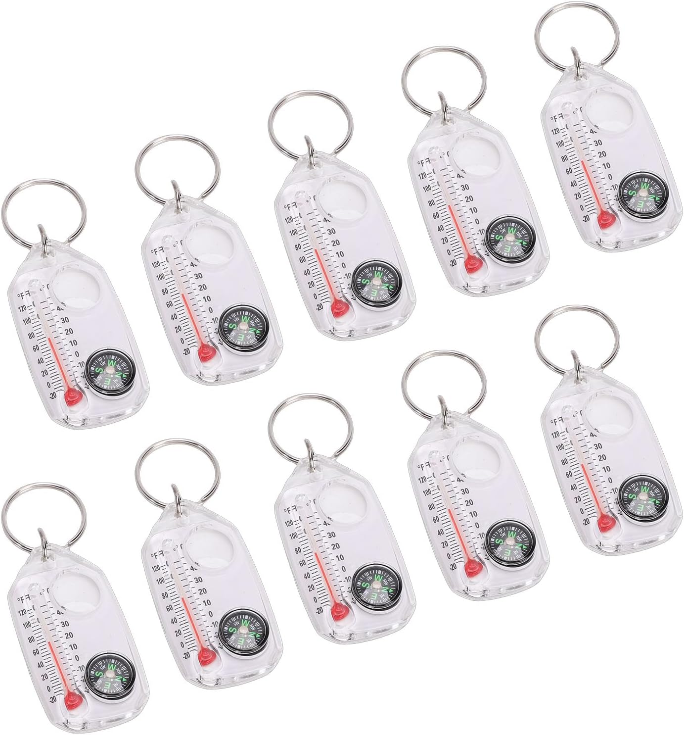 10PCS Compact Portable Multifunctional Pocket Compass and Thermometer Keyring Magnifying Glass for Hiking, Camping, Outdoor Survival Gear and Activities