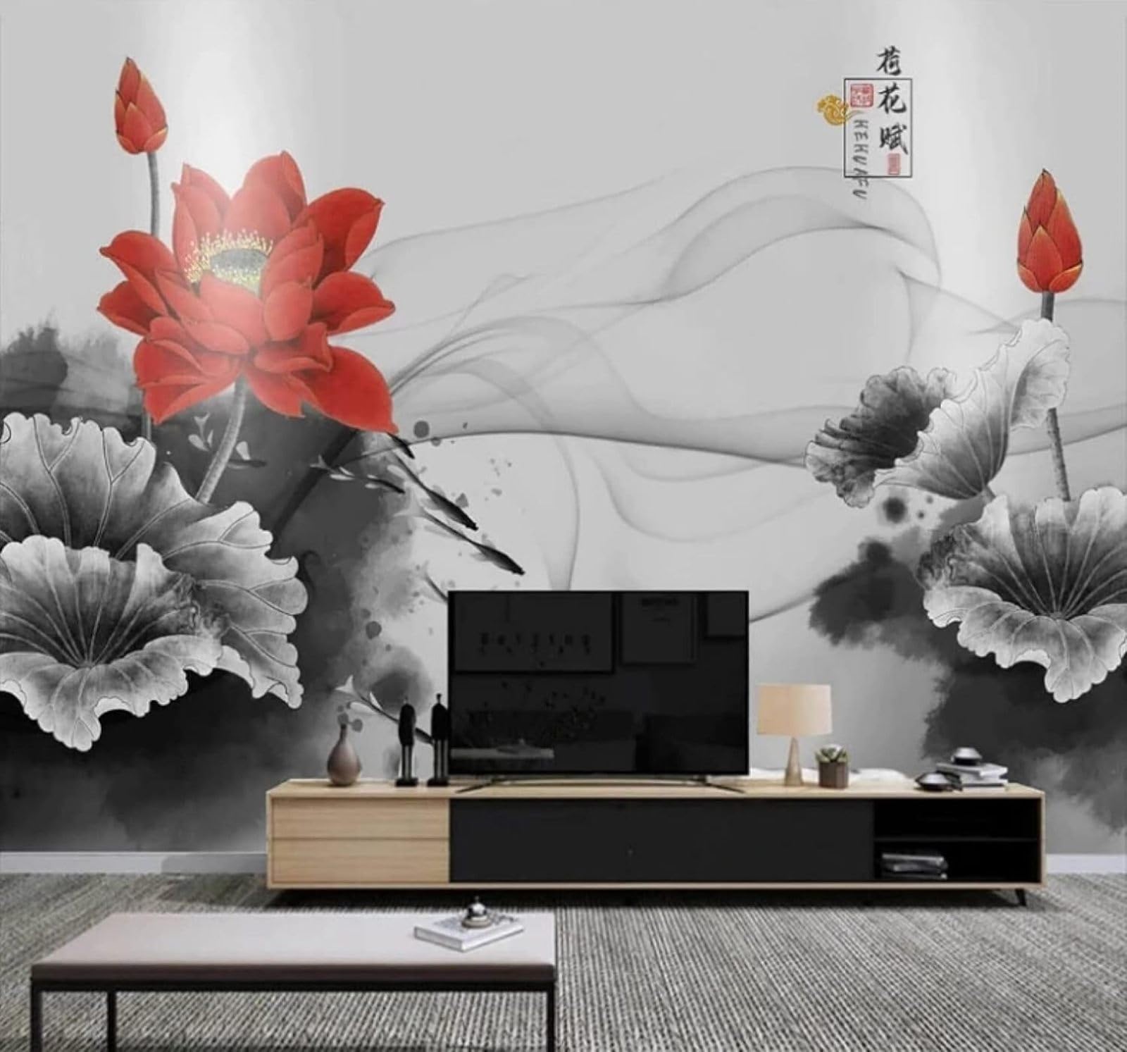 XLMING Hand Drawn Ink Wash Mist Red Lotus Artistic Atmosphere 3D Wallpaper Luxury Silk Study Dining Feature Sofa Grey Bedroom Living Room Tv Decorative Wall-350cm×256cm