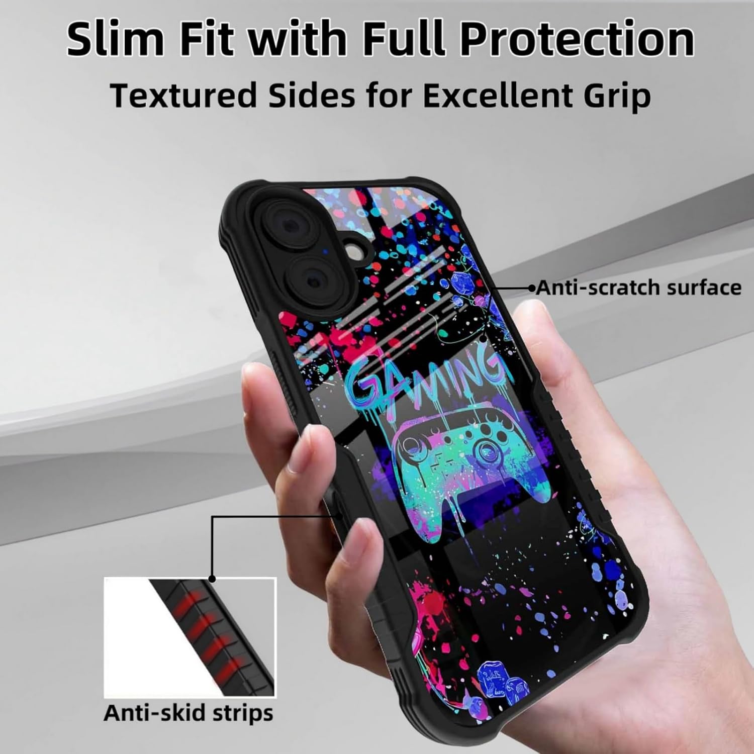 Compatible with iPhone 16 Case Anti Slip Shockproof Hard PC Back Soft TPU Prevention Protective Case, Unique Design Fashion Print for Men Women - Gaming - Image 2