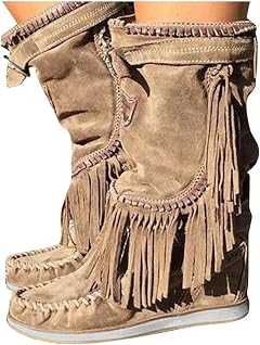 Womens Fringe Boots Knee High Boots Women Winter Faux Suede Round Toe Warm Vintage Boho Fringe Tassel Low