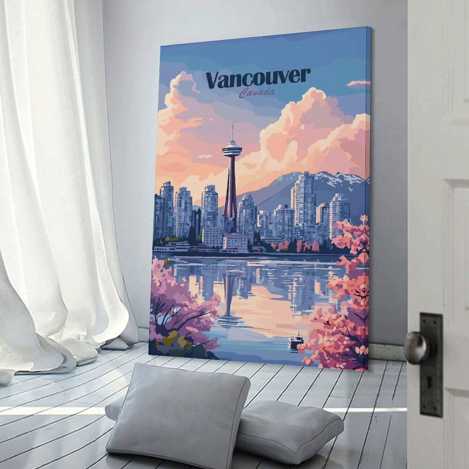 Junmoney Vancouver Canada Cityscape Illustration Wall Art Print 20x30inch(50x75cm), for Hallway, Entryway Or Landing, A Neat Decor Update for Hallways, for Everyday Interiors