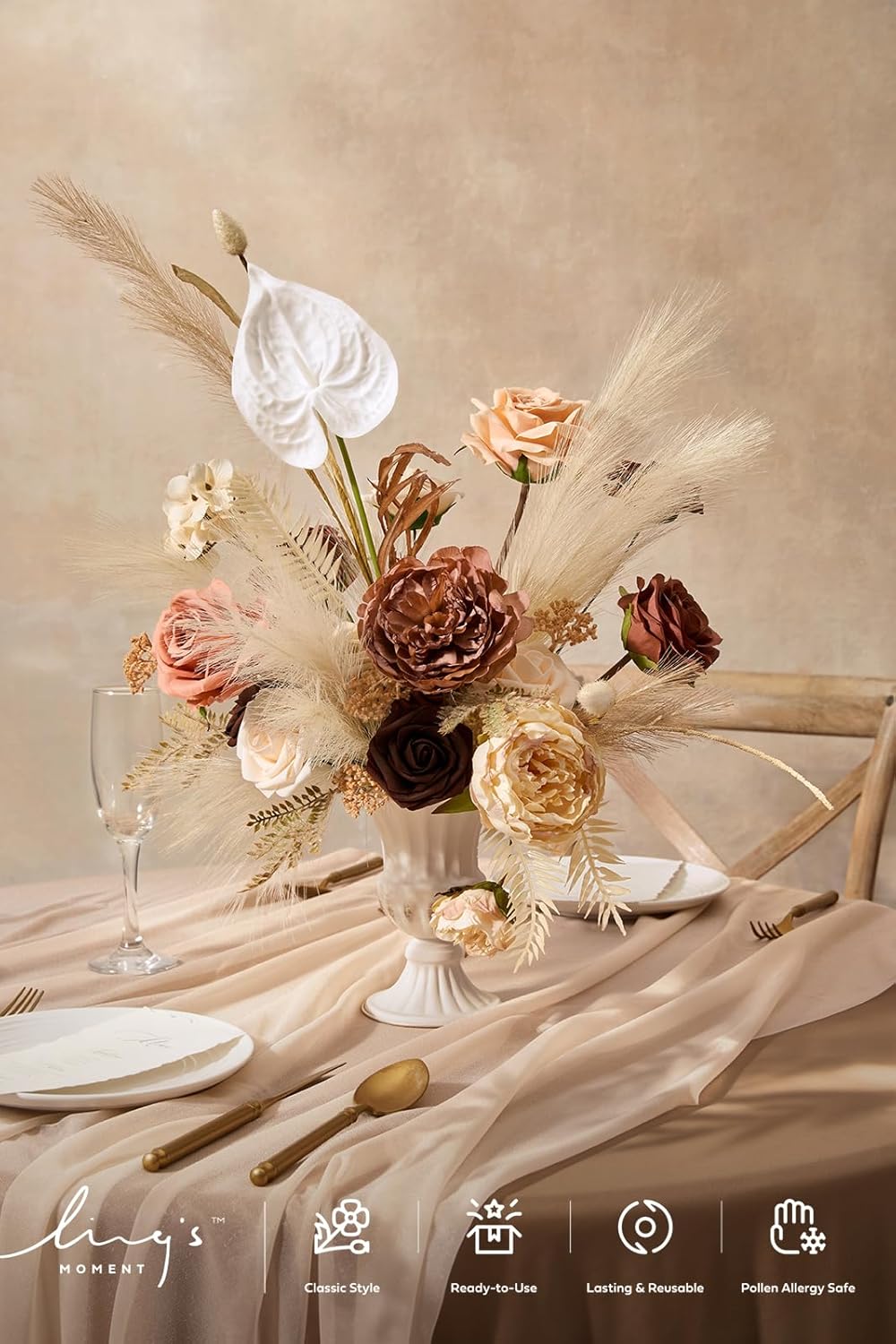 Ling's moment Fake Flowers Box, Faux Artificial Greenery Stems Foam Roses Anthurium Silk Peonies Pampas Fabic Flower for Centerpieces Bouquet Wedding Vase Decorations, Boho & Sepia, Deluxe Combo - Image 2