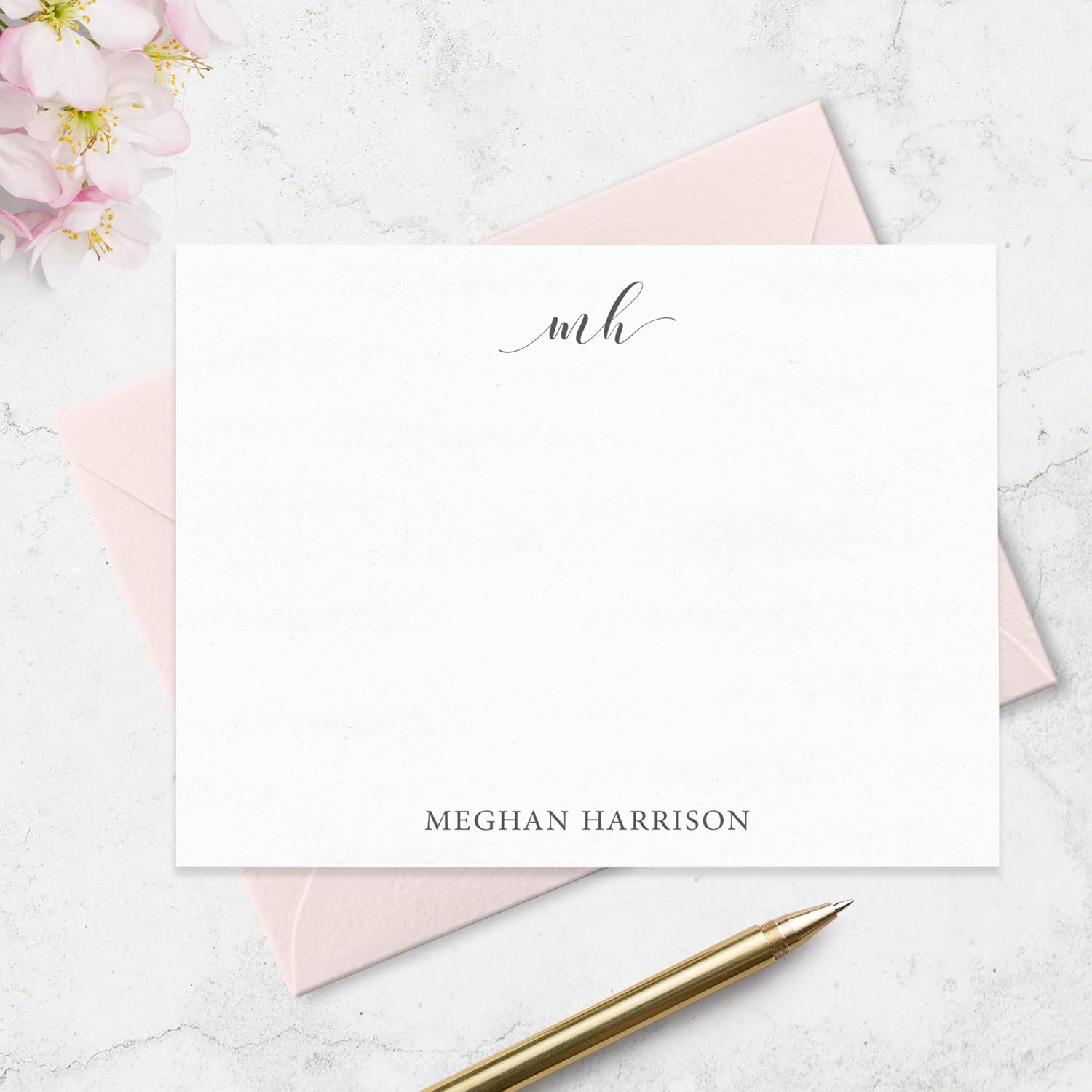 Personalized Stationary Note Cards and Envelopes Monogrammed with Name, Custom Set of Flat Notecard Stationery in Choice of Colors (Style #2)