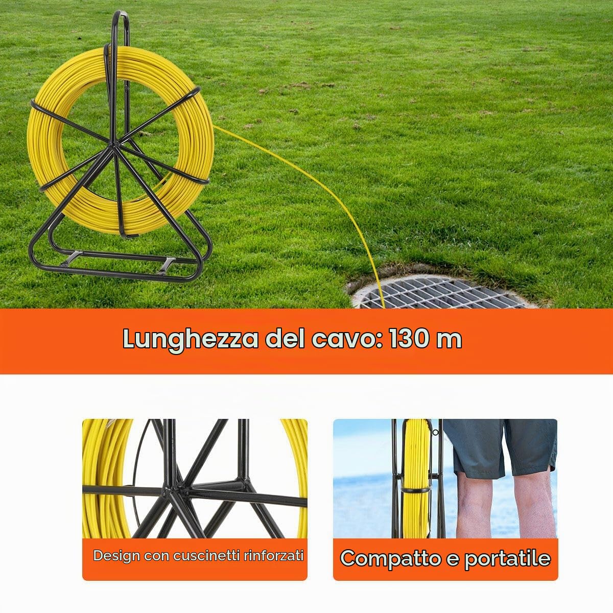 Sonda Passacavi in Fibra di Vetro 130 m, Tubo per Condotto in Fibra di Vetro con Supporto in Metallo 6mm Tirante in Fibra di Vetro per Filo, Infilatore per Cavi per Condutture