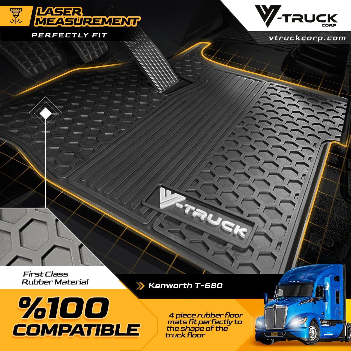 4-Piece All-Weather Rubber Floor Mats – Compatible with Kenworth T680, T880 & W990 Semi Trucks – Custom-Fit Heavy-Duty Cab Floor Liners, Non-Slip Protection, Durable, Easy to Clean Interior Upgrade
