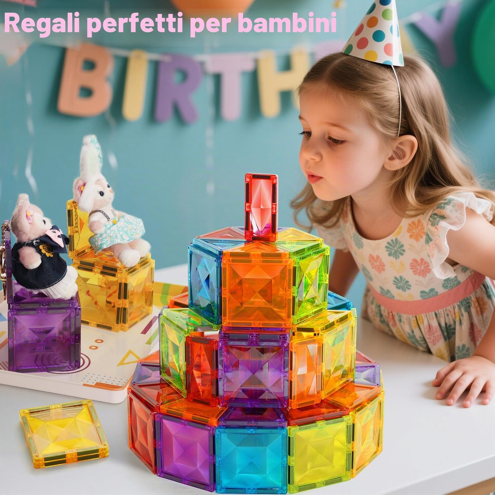 7,5CM Costruzioni Magnetici, 48 pezzi Tessere Magnetiche Colorati con Grande Scatola da Gioco in Ferro, Giocattoli Blocchi Magnetici Regali di Natale e Compleanno per Bambini di 3 4 5 6 7 8 anni