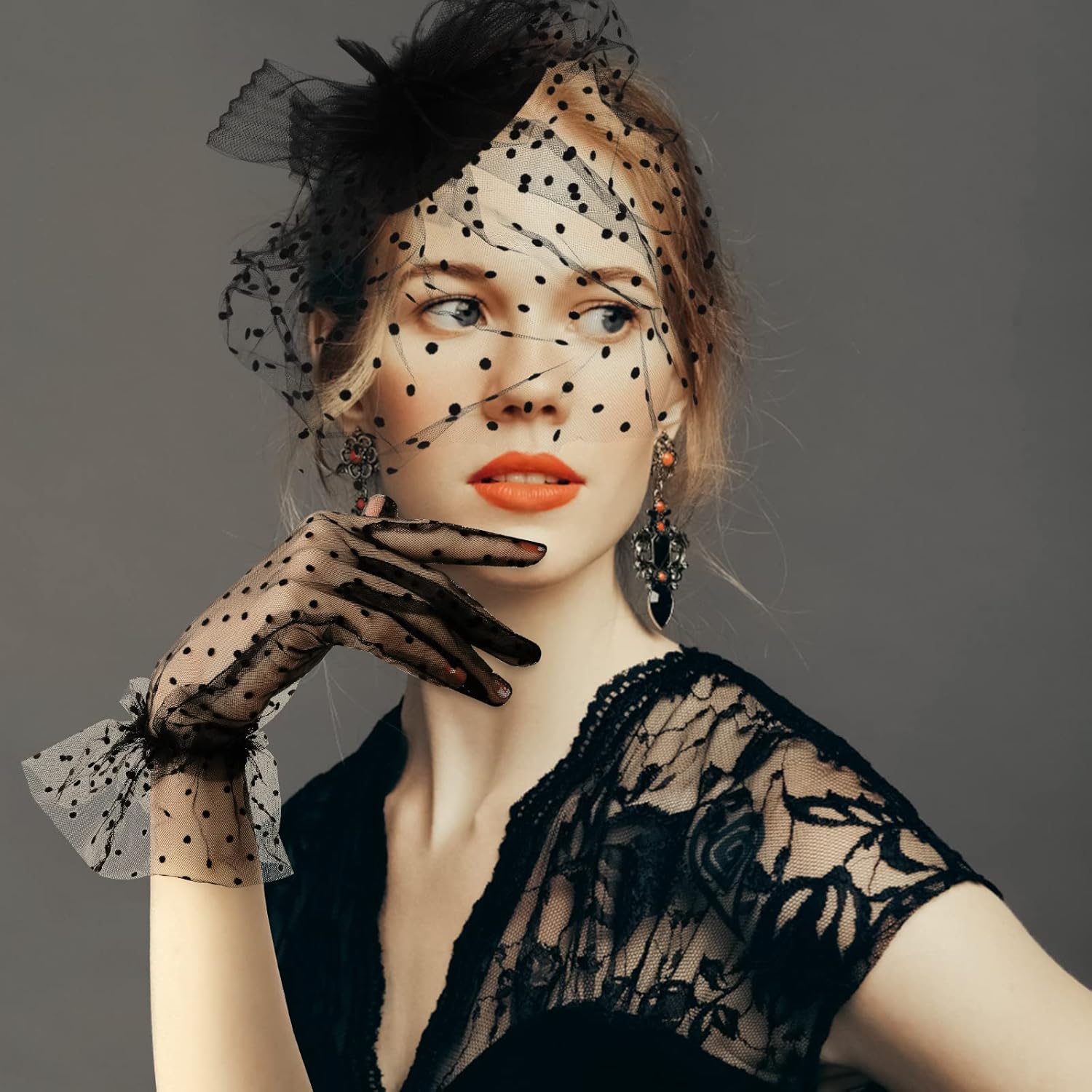 Vintage Fascinator Hat Women's Feather Mesh Face Veil Hat Tea Party Headwear with Hair Clip and Black Short Floral Lace Gloves for Women - Image 4