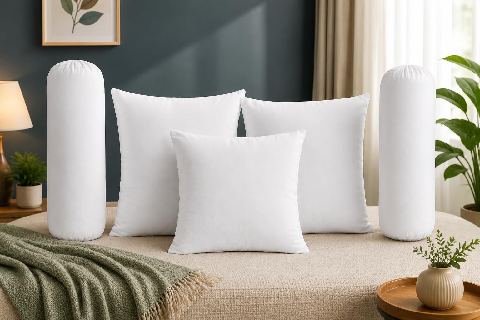 Amazon Brand - Solimo 5 Piece Microfibre Filled Bolster and Cushion Set for Diwan, 2 Bolsters and 3 Cushions-picture-14