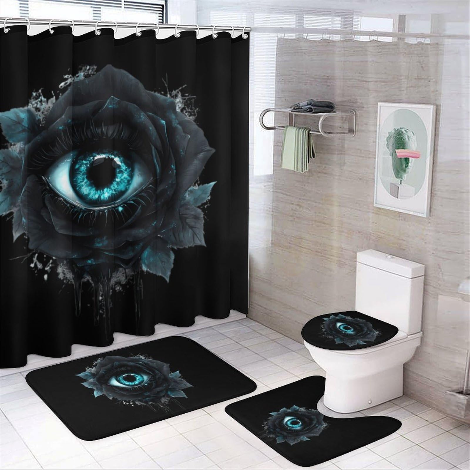 CGSBNGHA Evil Black Rose Eye Shower Curtain Set 4 Piece Bathroom Sets with Rugs Toilet Lid Cover And U-Shaped Floor Mat
