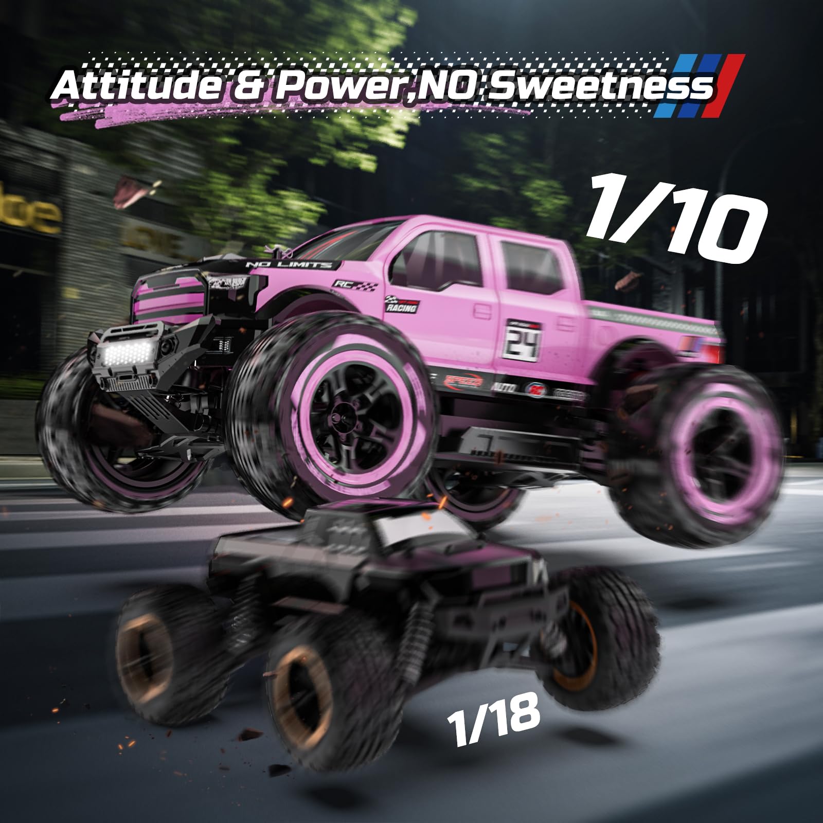DEERC 1:10 Coche Teledirigido Rápidos para Adultos, Monster Truck 4x4 a Control Remoto, RC Coche 48+ km/h, Todoterreno de Alta Velocidad, Color Rosa, con 2 Baterías Modulares, Regalo para Niños