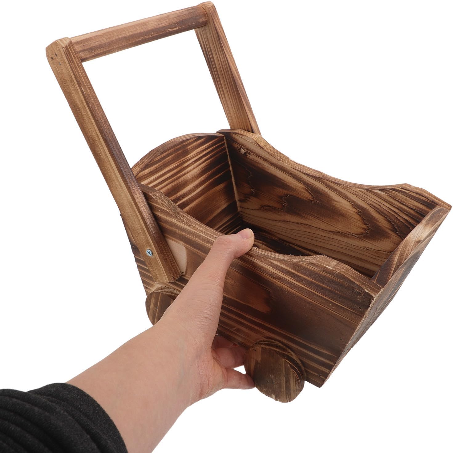 Wooden Wagon Flower Pot with Wheels Rustic Push Trolley Shaped Planter Centerpiece Small Succulent Planting Container for Tabletop Shelf Cabinet Garden Balcony 9.2x5.1x5.1Inch