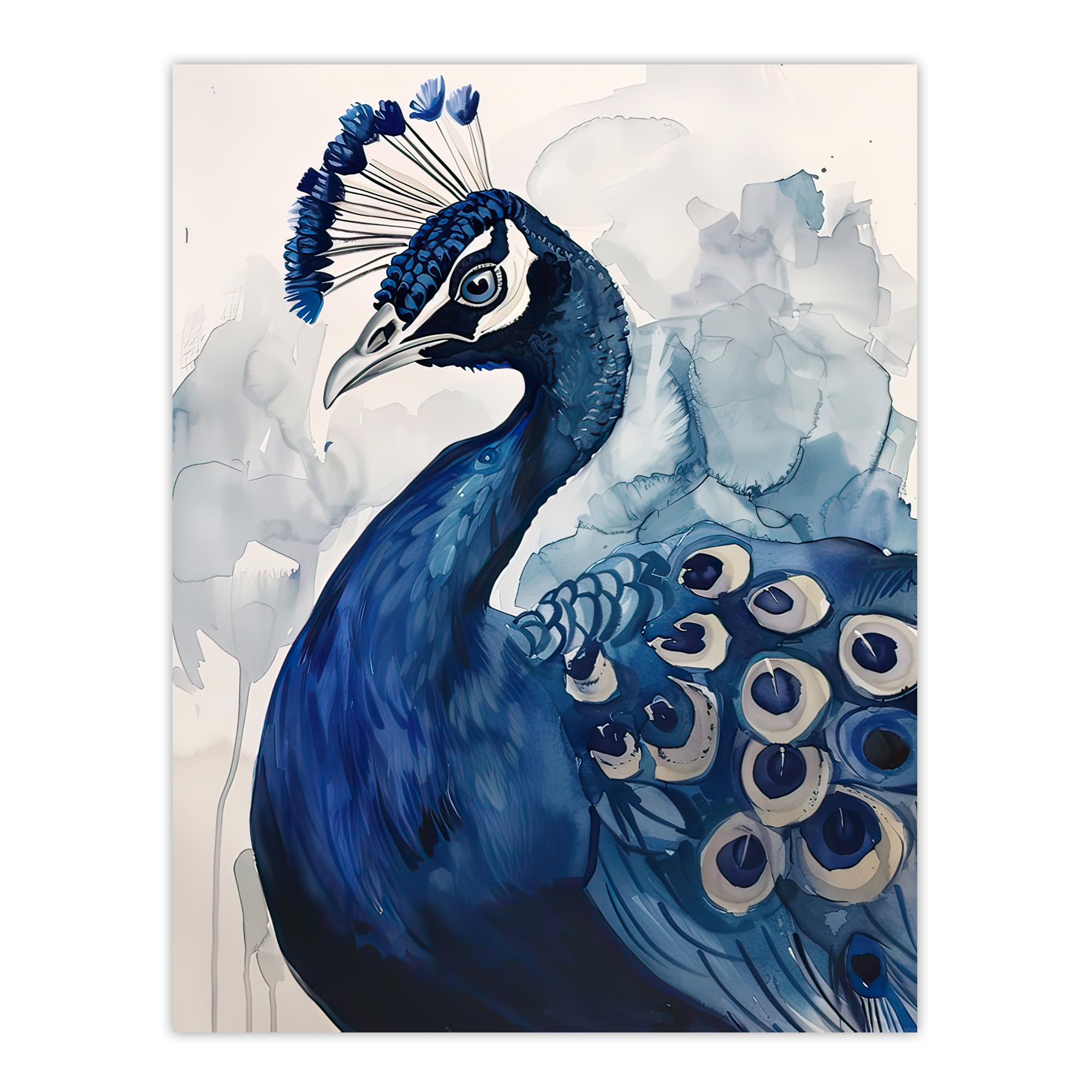 Elegant Blue Peafowl Peacock Bird Watercolour Wall Art Print - W24 inch x H32 inch