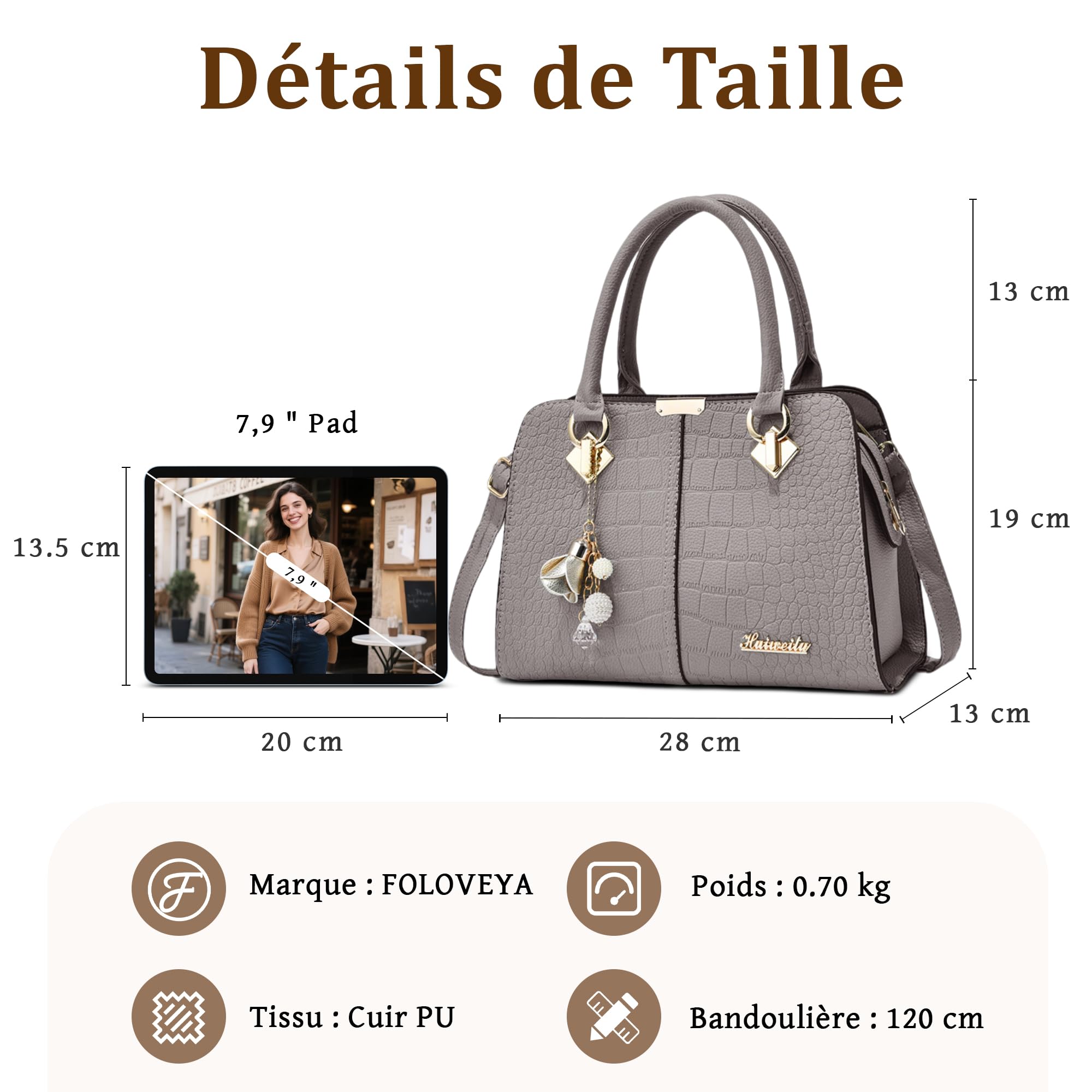 Sac a Main Femme Mode Sacs à Main Portés Epaule Cuir PU Sac Bandoulière Cabas Élégant Sac Fourre Tout pour Voyage Travail Quotidien Gris A