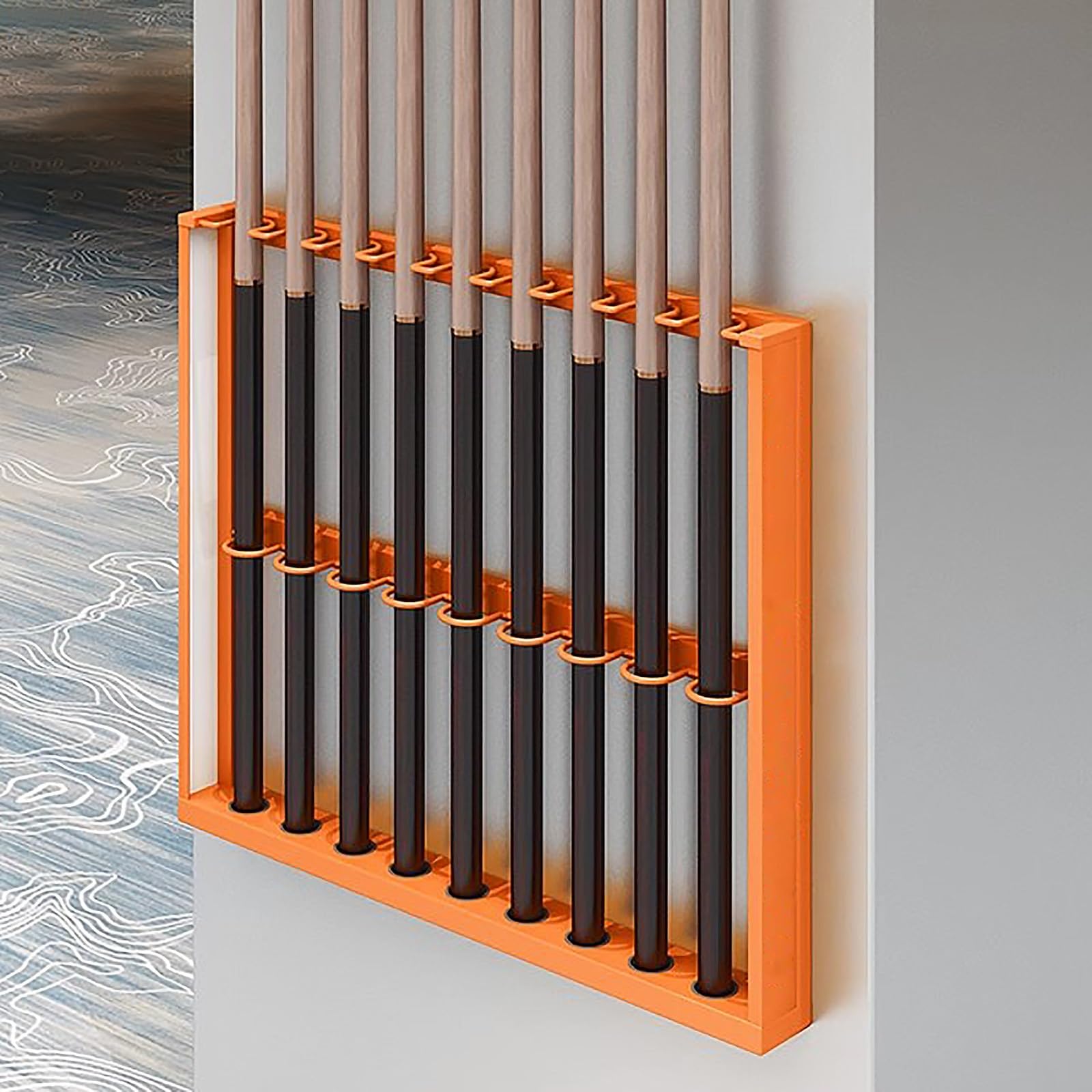 GONCBKVN Wall Mounted Pool Cue Rack, Metal Billiard Cue Holder, Pool Cue Storage Organizer, for Billiard Room, Club, Bar(Orange,40x6x50cm)