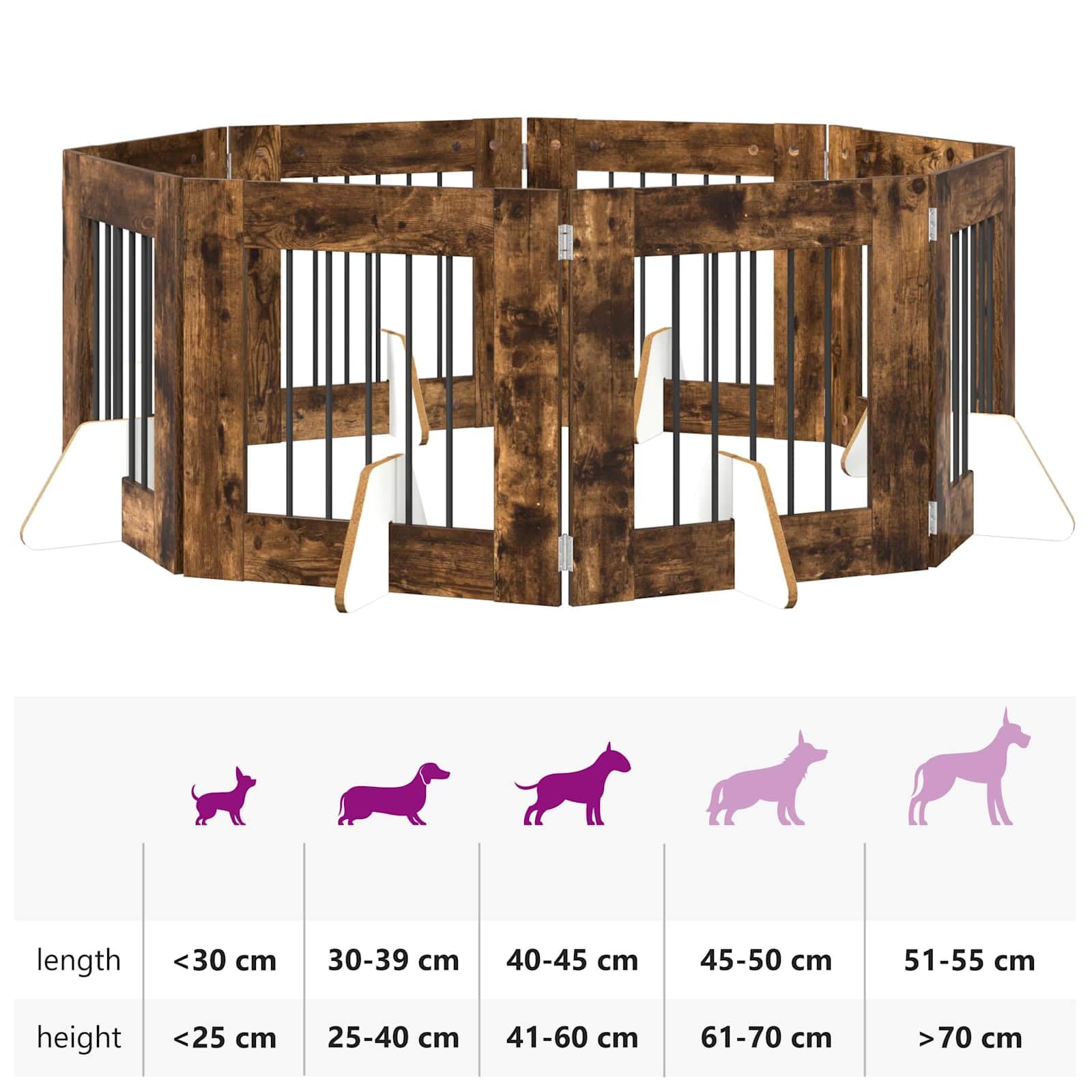 Portería para perros con soporte, 8 piezas de roble ahumado, 60 x 60 cm, plegable y portátil, para interior y exterior, protección segura y barrera para cachorros y perros