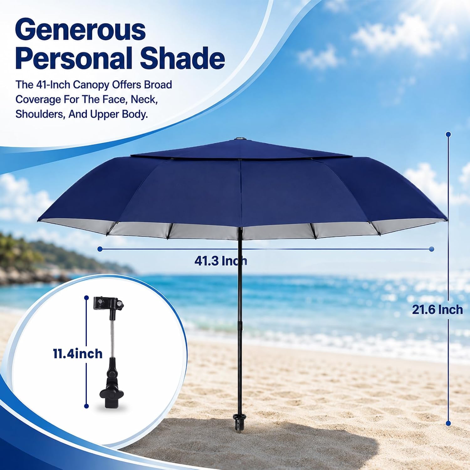 Chair Umbrella with Universal Clamp, 41-Inch Double Canopy Sun Shade, UPF 50+ UV Protection, 360° Adjustable Clip-On Umbrella for Beach Chair, Stroller, Wheelchair, Golf Cart