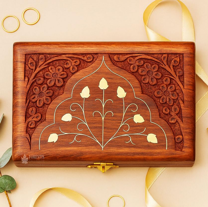 Image of Wooden Box| Jewellery Box| Decorative Case| Kit| Vanity| Organiser For Women, Necklaces, cash, gold (6X4 Inches, Crown)