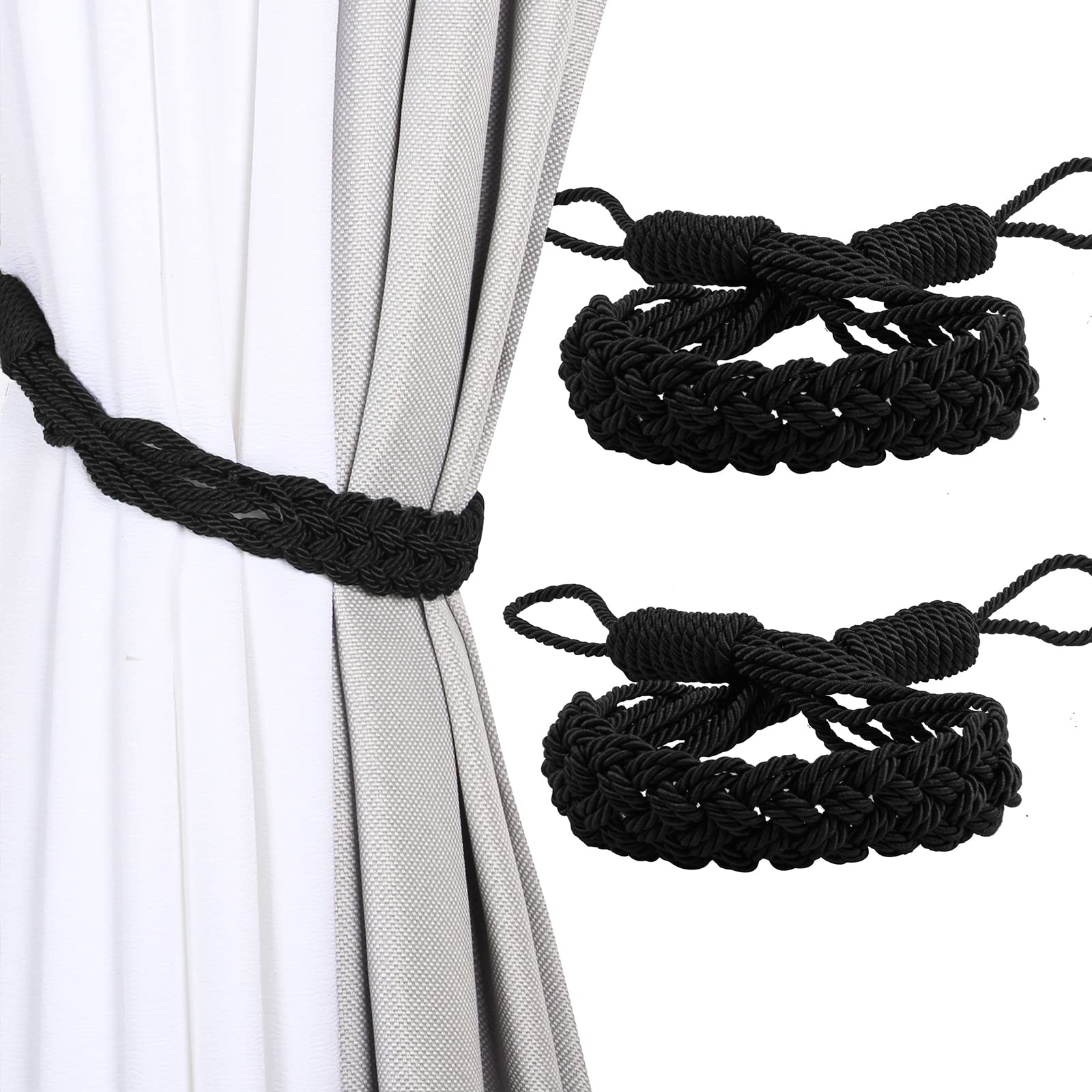 Tassel Curtain Tiebacks， Curtain Tiebacks Braided Rope 2 Pack Multicolor for Home Office Decorative(Black)