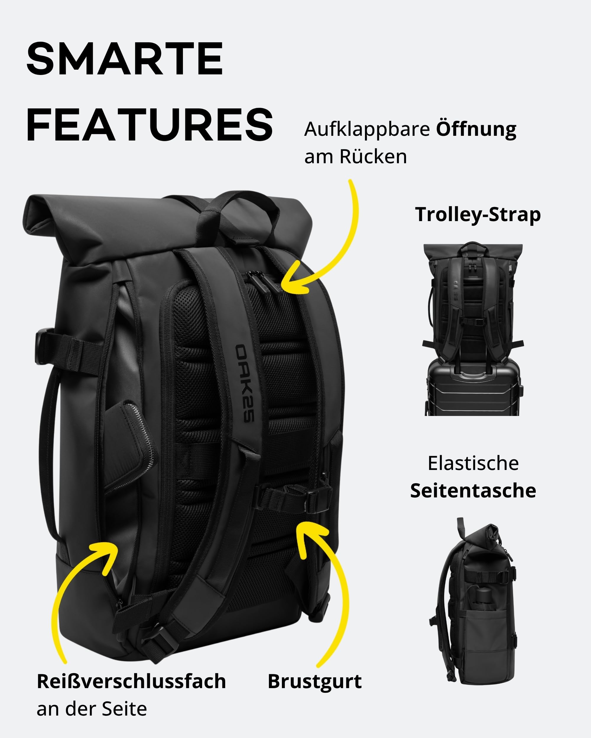 OAK25 Reflektierender Rolltop Rucksack Damen & Herren Schwarz - Luminite Rolltop - Roll Top Backpack für Arbeit Uni Fahrrad - Laptopfach bis 16 Zoll - Tagesrucksack 23L Reflektierend