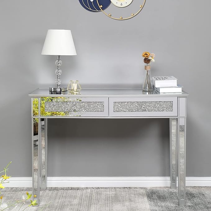 Mirrored Console Table, Silver Vanity Table with 2 Drawers