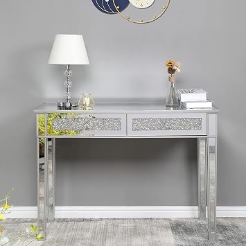 Karl home Mirrored Desk with 2 Drawers Silver Console Table Mirror Sofa Table with Crystal Inlay Front for Living Room, Entryway, Foyer, 42 Inch