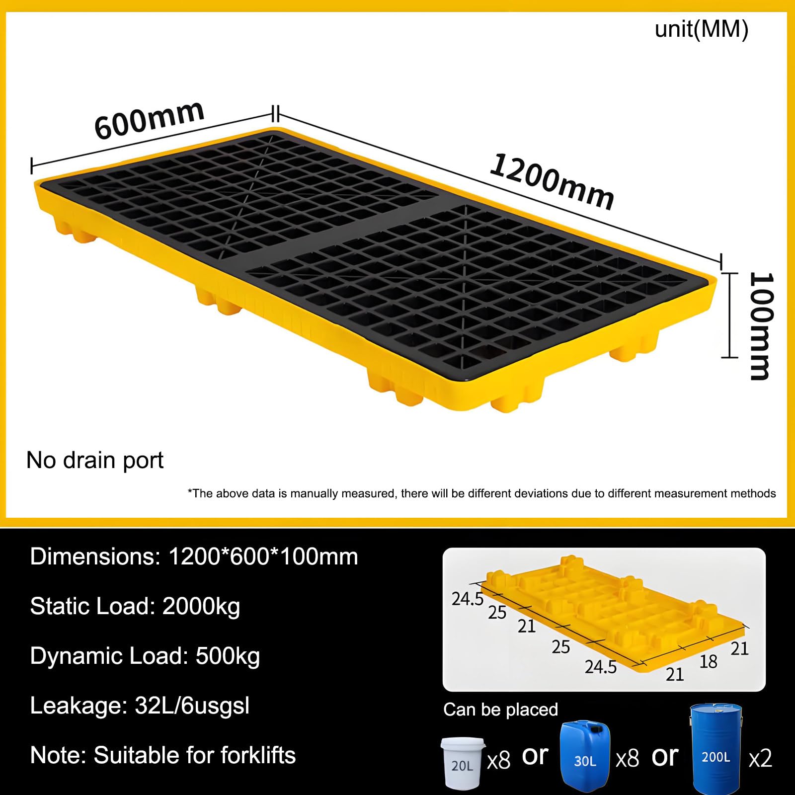 Plateforme de rétention étanche pour fûts d'hydrocarbures, avec système de Drainage, pour Le Stockage Industriel, idéale pour Les garages et Les ateliers, 130 x 68 x 30 cm