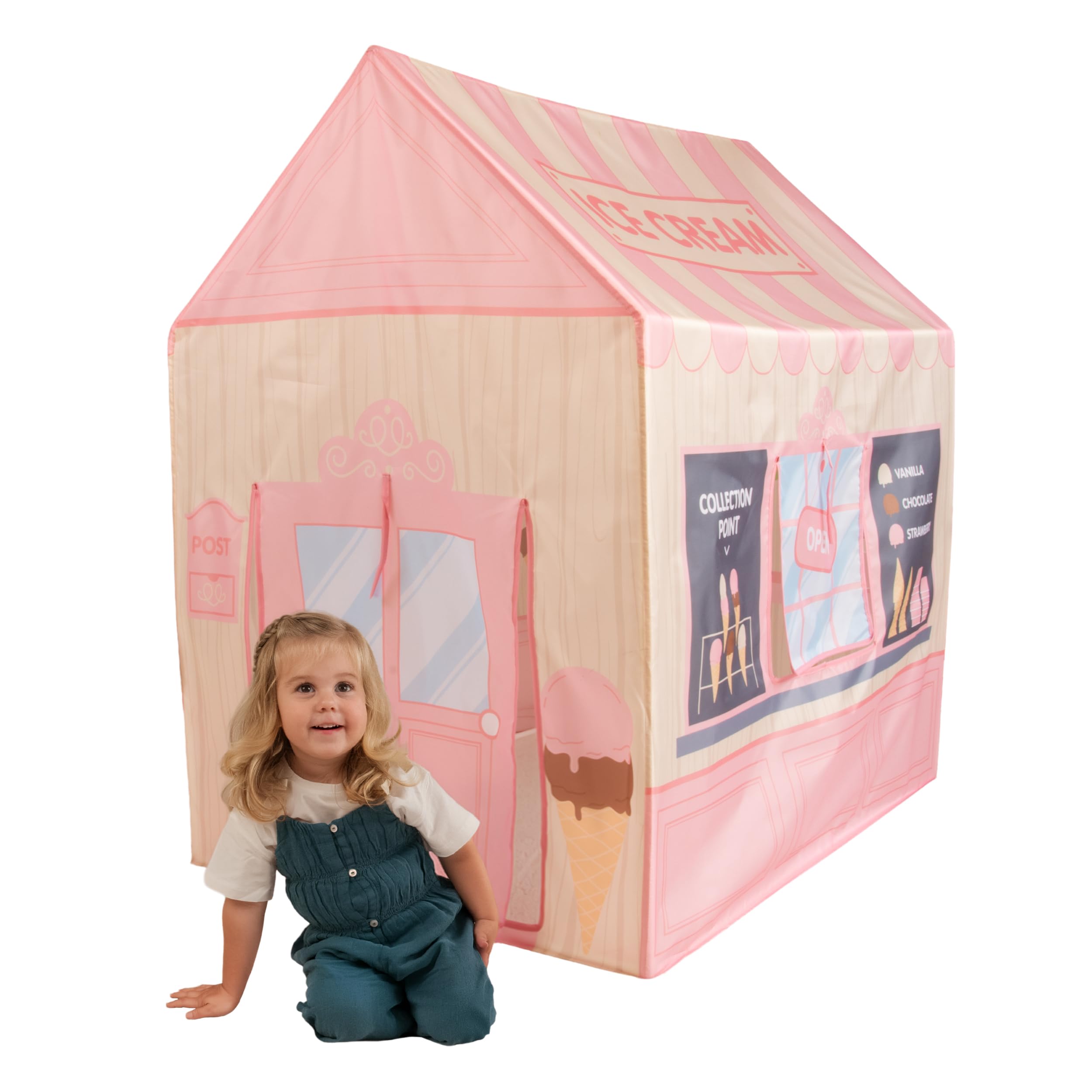Mookie Activo Ice Cream Shop Play Tent Indoor Outdoor Kids Playhouse Role Play Tent with Roll Up Doors and Windows Storage Bag Easy Assembly Ages 12+ Months
