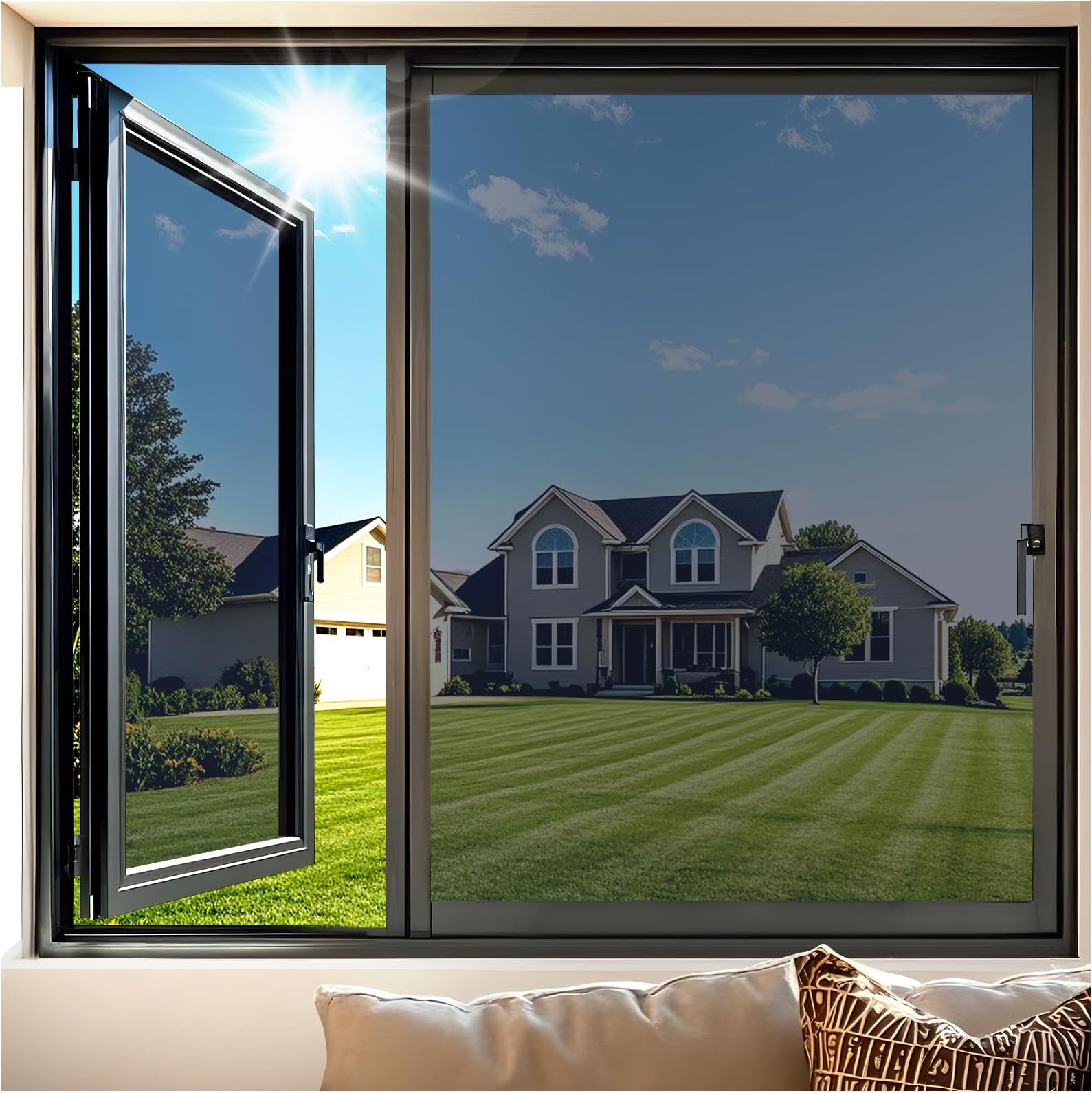 Coavas One Way Privacy Window Film - Static Cling Window Tint for Home, Heat & UV Blocking See Out Not in, Removable Reflective Glass Covering, Black 17.5 x 78.7 Inch