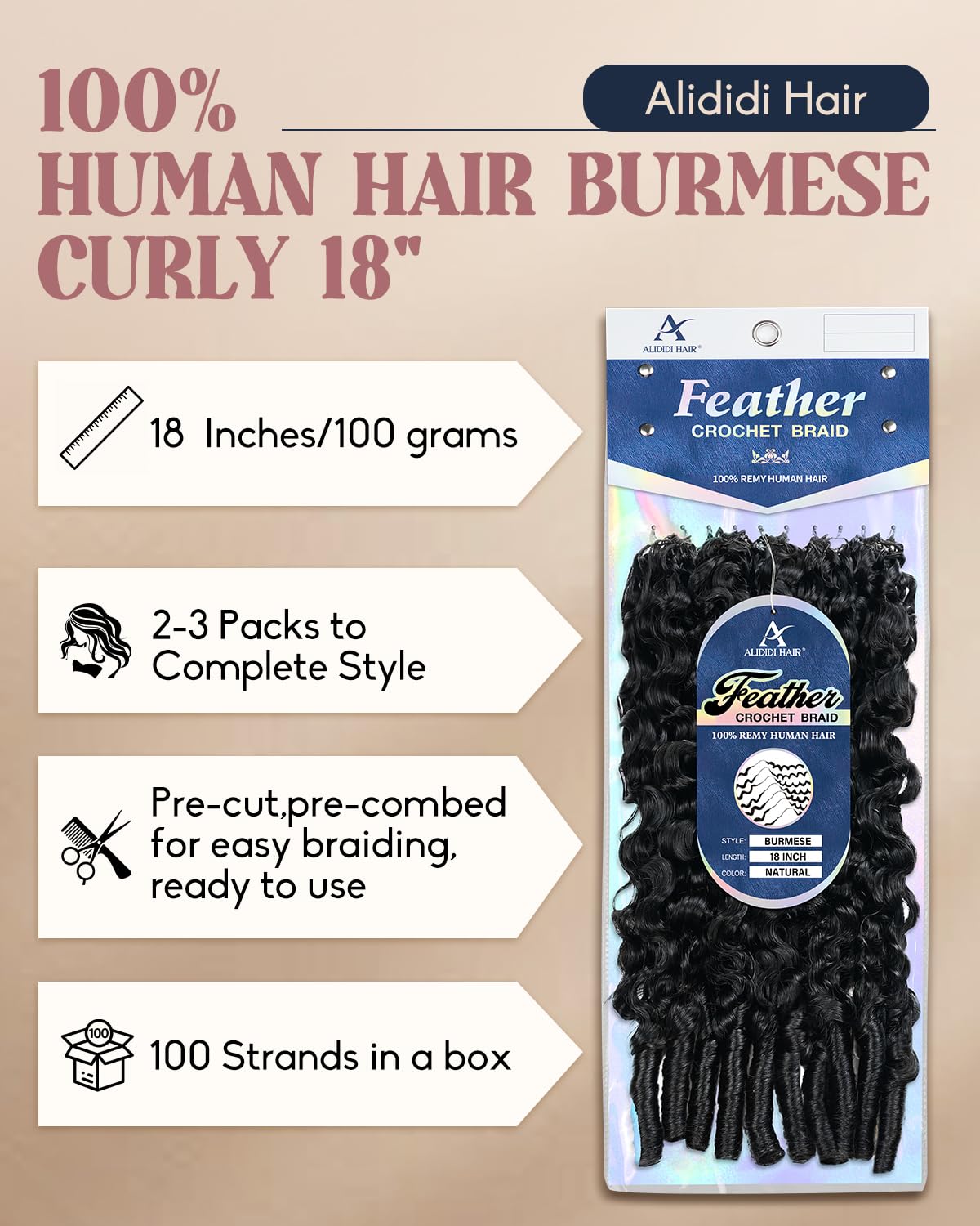 Alididi Human Crochet Hair for Black Women Burmese Curly 18Inch 100 Strands Feather Crochet Human Hair Extensions Knotless Pre-Separated Miracle Knots Hair Lightweight Natural Black