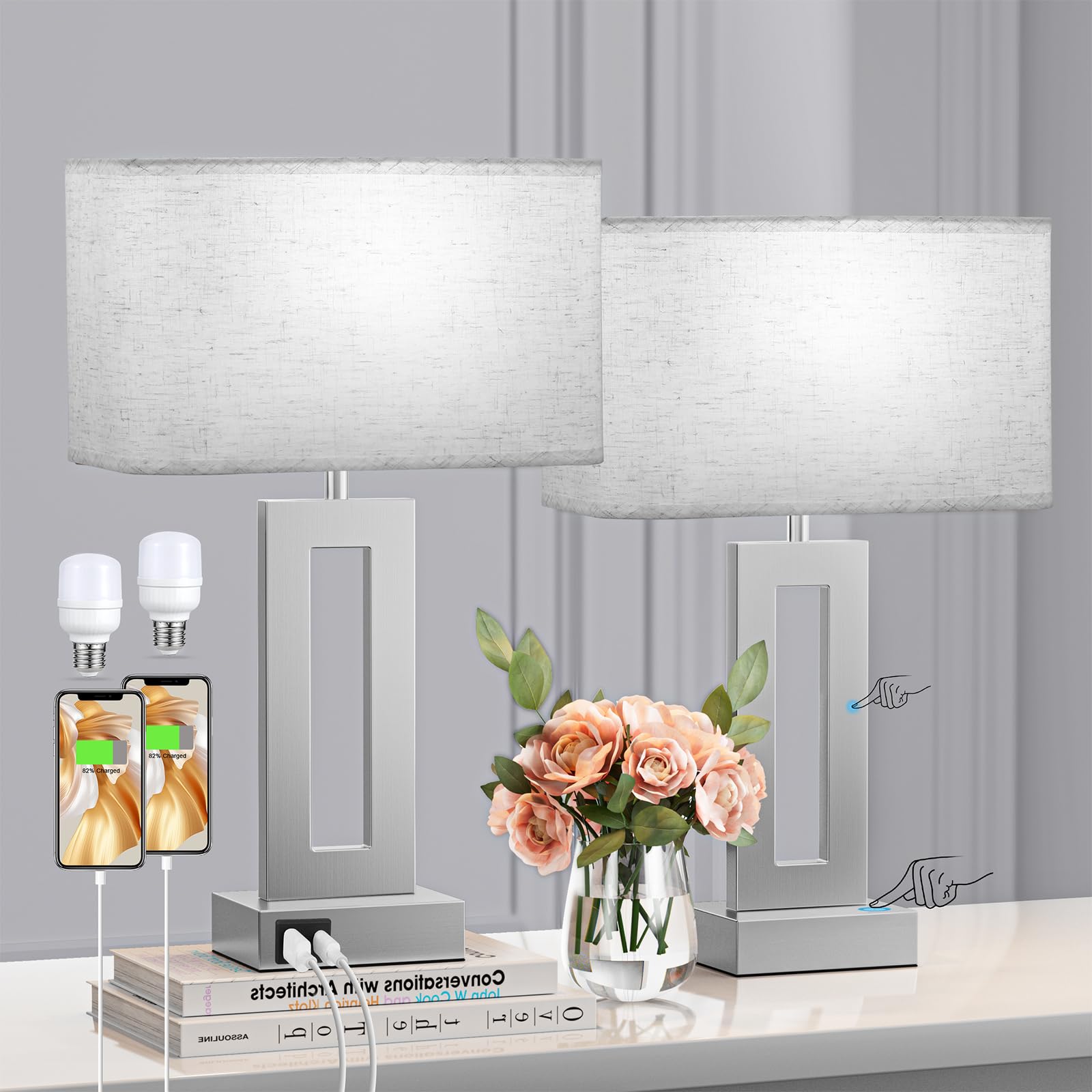Bedroom Table Lamps Set Of Beige Silver Touch Bedside - Main Image