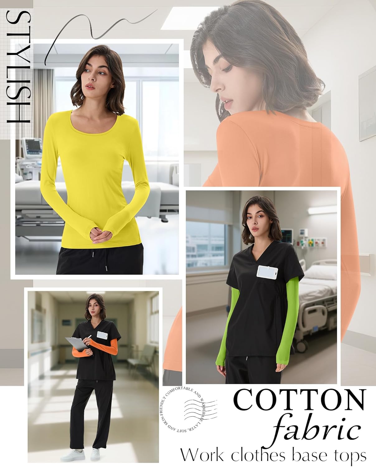 Neer 3 Pack Women's Long Sleeve Underscrub Shirts Scoop Neck Soft Scrub Undershirts for Nurse Basic Stretchy Layering Tops - Image 2