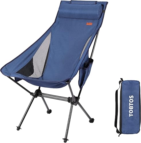 TOBTOS Silla de campamento de respaldo alto, silla plegable ligera con soporte para la cabeza, silla compacta con bolsa de transporte para