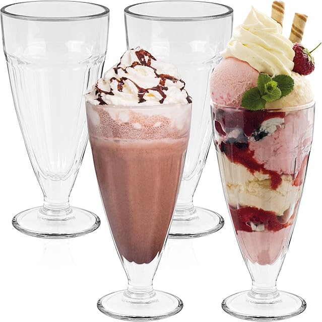 HEFTMAN Ice Cream Sundae Glasses - Set of 4 Tall 350ml Milkshake Glasses with Classic, Clear Design - Retro American Diner Style Knickerbocker Glory Glasses, Dishwasher Safe Dessert Glasses (4 Pack)