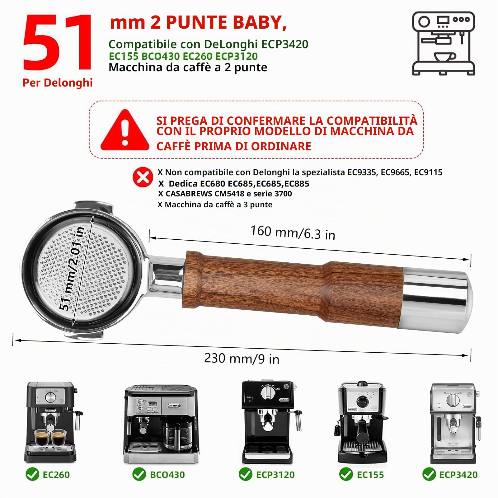 DeLonghi ECP3420/EC155/BCO430/EC260 - Portafiltro senza fondo da 51 mm, con schermo a disco e cestello filtro in 100% acciaio inossidabile, manico in noce